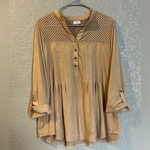 Avenue Faux Suede Cutout Top Long Sleeve in Tan
